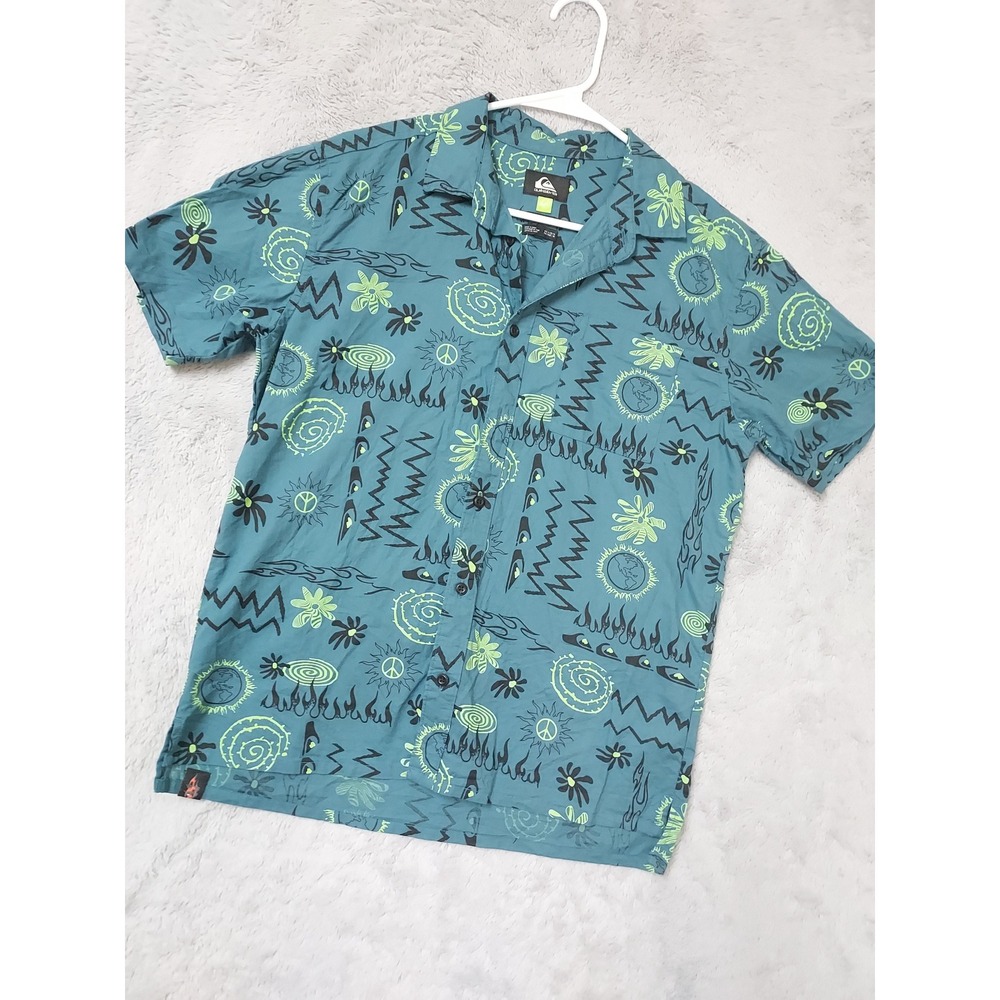 Quiksilver Shirt Kids Large Comfort Fit Graphic Short Sleeve Green Woven Beach